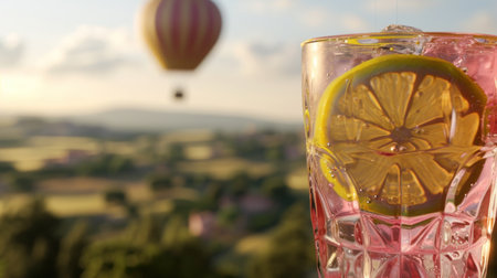 Glass of lemonade with a slice of lemon and hot air balloon in the backgroundの素材