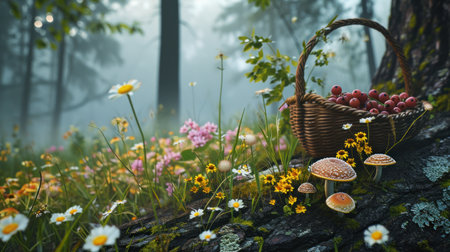 Basket of mushrooms in the forest with wildflowers in the backgroundの素材