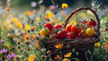 Ripe tomatoes in a basket on a background of wildflowersの素材