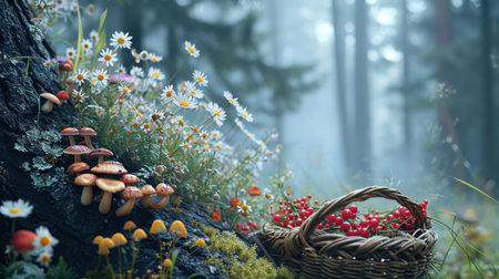 Mushrooms in the forest on a background of wildflowersの素材