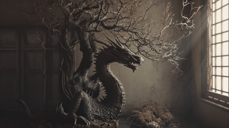 a black and white photo of a statue of a dragon next to a tree in a room with a window. .の素材