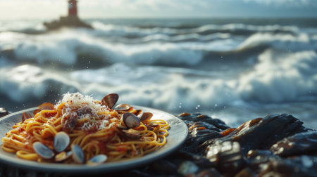 Spaghetti with mussels and parmesan on the background of a lighthouseの素材