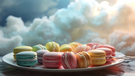 Colorful macaroons on a white plate. 3d renderingの素材