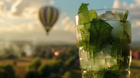 Mojito cocktail on the background of the city with hot air balloonの素材