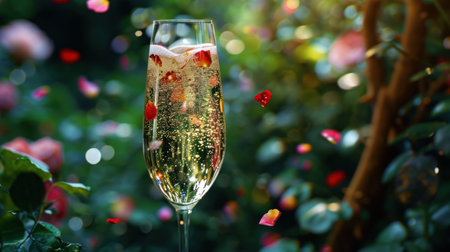a glass of champagne sitting on top of a table next to a lush green forest filled with pink and red flowers. .の素材