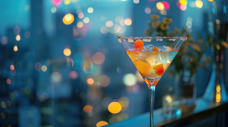 a close up of a drink in a glass on a table in front of a window with a cityscape in the background. .の素材