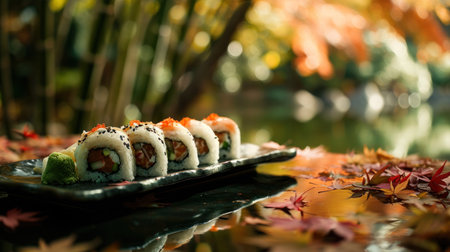 Sushi roll with salmon, avocado, cucumber, cream cheese and cucumber on black plate with autumn leaves.の素材