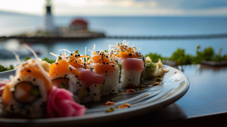 a plate of sushi sitting on a table next to a body of water with a lighthouse in the background. .の素材