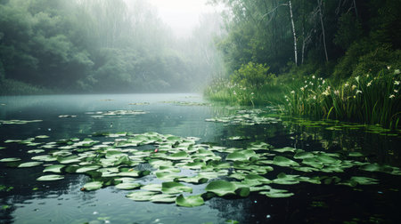 Foggy morning on the lake with water lily pads.の素材