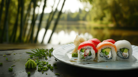 Sushi rolls on a plate on the background of a green forestの素材
