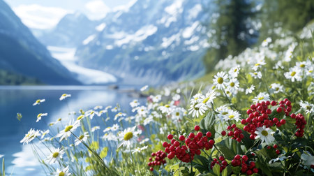 Beautiful alpine meadow with wildflowers and mountain lakeの素材