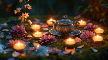Tea ceremony in the garden with flowers and candles. Selective focus.の素材