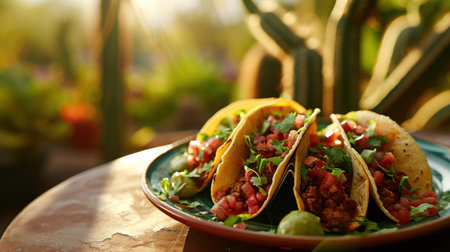 Mexican tacos with beef and vegetables on wooden table, closeupの素材