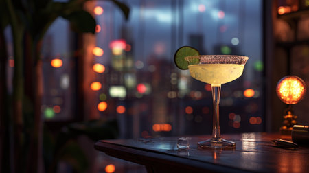 Rose oil bottle with rose petals and candles on the table.の素材