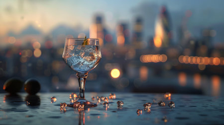 Cocktail with ice and lemon on the background of the city.の素材