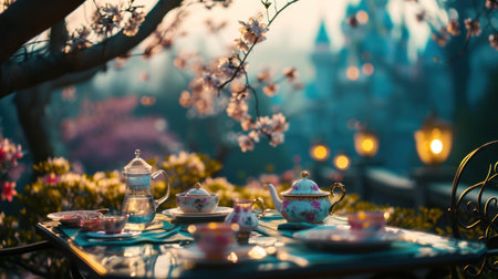 Tea ceremony in the garden with blooming cherry trees. Selective focus.の素材