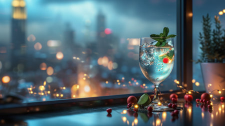 Cocktail with cherry and mint on the background of the city.の素材