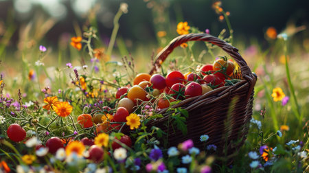 Wicker basket full of tomatoes on a green meadow with flowersの素材