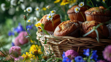 Homemade muffins in a basket with wildflowers. Selective focus.の素材