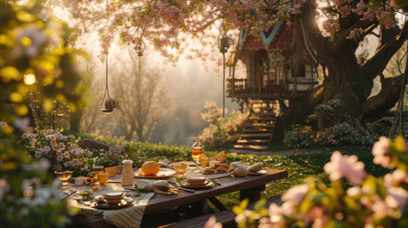 Beautiful blooming garden in the morning with tea cups and teapotの素材