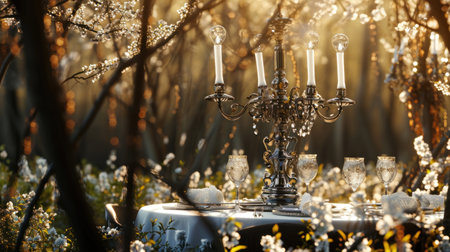 Beautiful table setting for two in the garden in the rays of the setting sunの素材