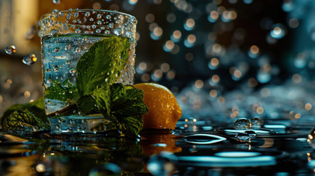 Mojito cocktail with ice, lemon and mint on black backgroundの素材