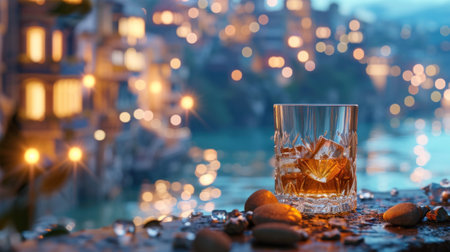 Glass of whiskey with ice cubes on the background of the old city.の素材