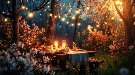 Romantic dinner in the forest at sunset. Romantic dinner in the forest.の素材