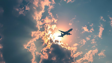 Silhouette of airplane flying in the sky with clouds at sunsetの素材