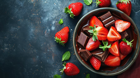 Strawberries and chocolate in bowl on dark background. Top view with copy spaceの素材
