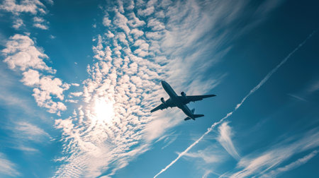 Airplane in the blue sky with white clouds. Travel concept.の素材