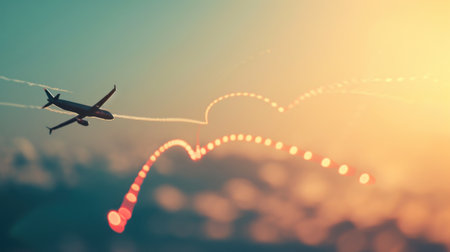 Airplane flying in the sunset sky. Travel and tourism concept.の素材