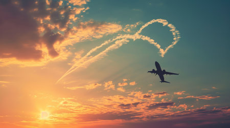 Airplane in the sky with clouds at sunset background. 3d renderingの素材