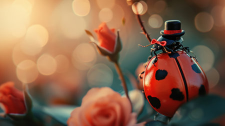 Ladybug on red rose flower with bokeh background. Valentine's day concept.の素材