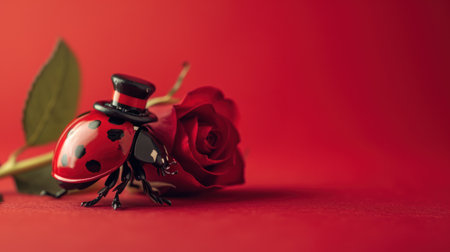 Red ladybug and red rose on red background. Valentine's day concept.の素材