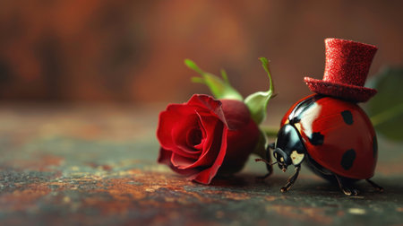 ladybug and red rose on rustic background with copy spaceの素材