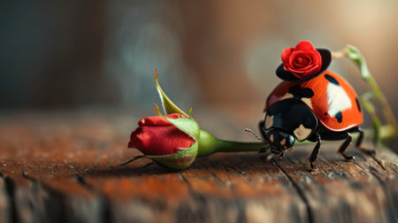Beautiful red ladybug with red rose on wooden table, closeupの素材