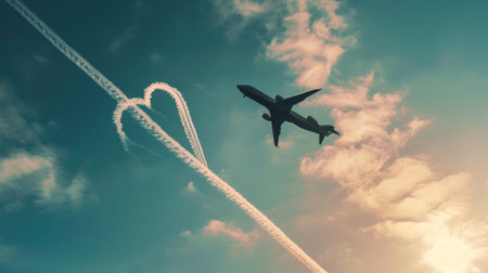 Airplane in the sky with clouds and airplane trail in the skyの素材