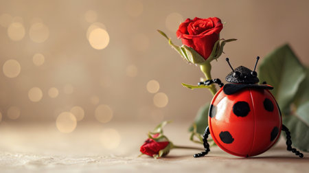 Red ladybug and rose on bokeh background with copy spaceの素材