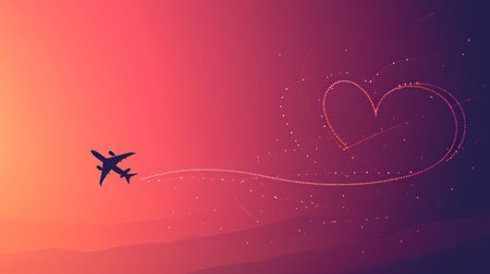 Airplane flying in the sunset sky with heart shape, vector illustrationの素材