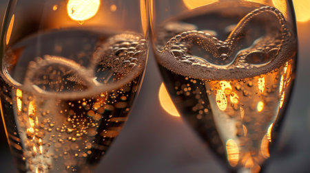 Glasses of champagne with heart shape on bokeh background.の素材