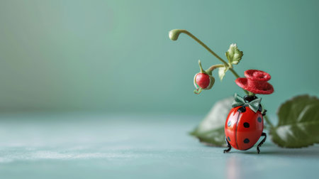 Red ladybug on green background with copy space for your text.の素材
