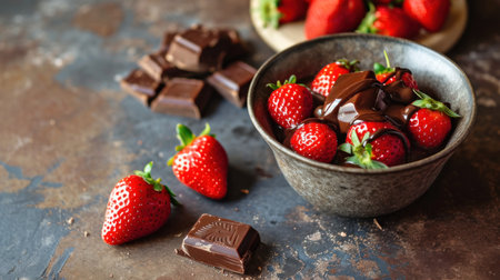 Strawberries in a bowl with chocolate on a dark background.の素材