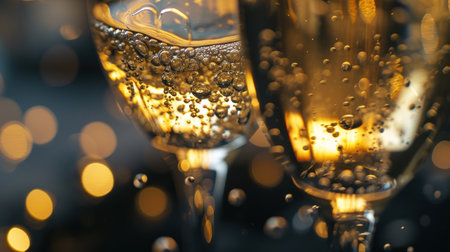 Glasses of champagne with golden bokeh background, closeupの素材