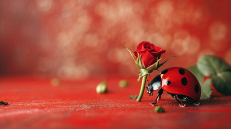 ladybug and red rose on a red background. Valentine's Dayの素材