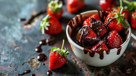 a bowl of chocolate covered strawberries with chocolate drizzled on top of the bowl and strawberries on the side. .の素材