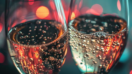 Two glasses of champagne with bokeh lights on background, celebration conceptの素材