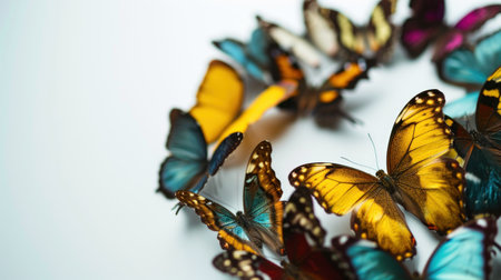 Butterflies in different colors on a white background. Selective focus.の素材