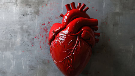 Human heart in blood on grey background. 3d rendering, 3d illustration.の素材