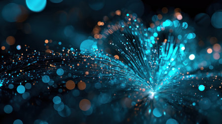 3d illustration of blue fiber optic background with lots of light spotsの素材
